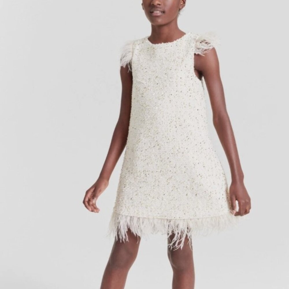 Rare Editions Girls 16 Gold Foil Boucle Dress Feather Fringe Metall dress